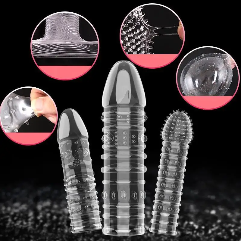 3pcs Extension Reusable Condom Penis Sleeve Male Enlargement Orgasm Delay Spike Clit Massager Cover Crystal Clear Condoms for Sex